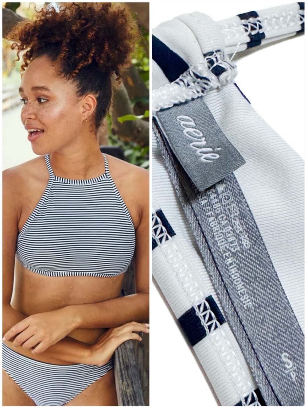 Aerie High Neck Bikini Top Nautical Navy Stripe Halter Crop AE Swim